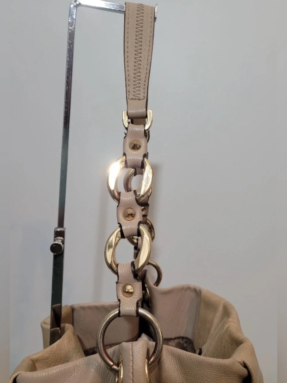 Vince Camuto Leather Hobo Shoulder Bag Taupe Tan Chain Accent Boho